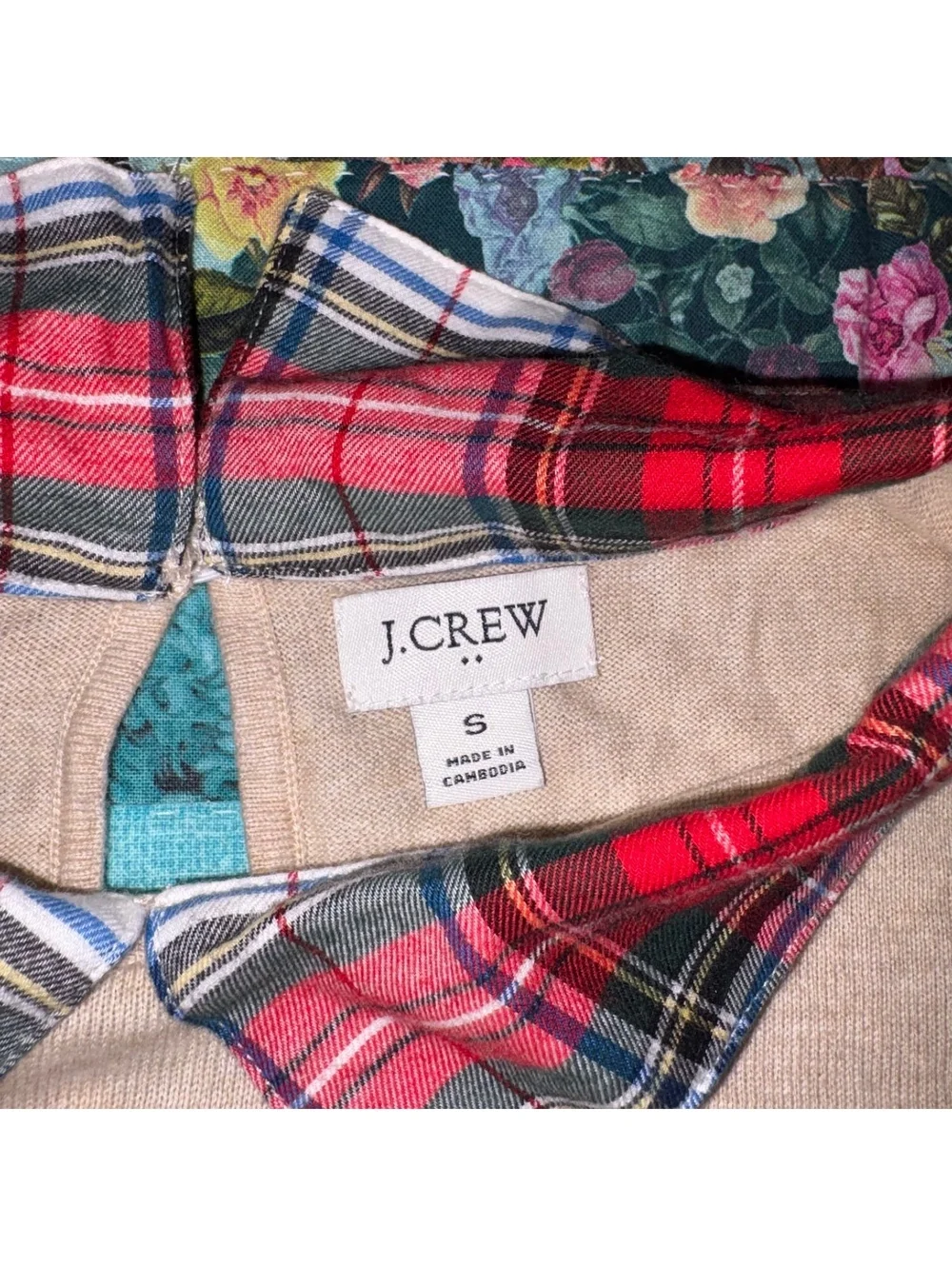 J.Crew Woman’s Small Beige Sweater with Red Plaid Collar and Hem Detail, Outdoor